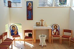 Icons surround the altar of the Lady Chapel of Norrtälje Evangelical-Lutheran Church in Sweden
