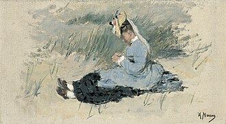  An elegant young lady wearing a fancy bonnet is sitting in the dunes dressed in her Sunday best, a black dress with a pale blue smock.