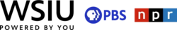 The logo of WSIU public broadcasting, the letters WSIU in a sans serif with the words "Powered by You", next to the PBS and NPR logos