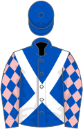 Royal blue, white cross belts, royal blue sleeves, pink diamonds