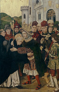 Ferdinand I of Castile welcoming Saint Dominic of Silos by Bartolomé Bermejo and Martín Bernat, from the dismembered Altarpiece of Dominic of Silos (Prado)