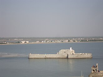 View of Water Fort Prison from Diu Fort with watchtower of Diu Fort