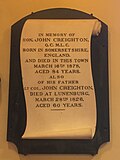 Plaque to John Creighton Jr. and his son John Creighton