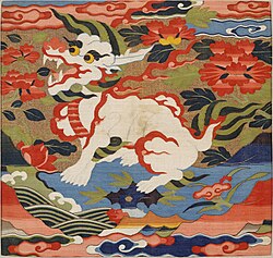 Rank badge (buzi) with mythical beast, silk embroidery, Ming dynasty (1368–1644). Metropolitan Museum of Art.