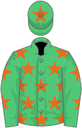 Emerald green, orange stars, emerald green cap, orange star