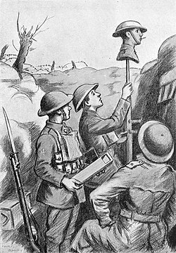 A drawing shows three soldiers raising a dummy head on a stick above a trench parapet. A cigarette hangs from the dummy's mouth. One man holds a periscope at the ready.