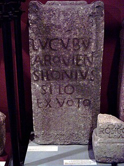 Votive inscription to Lug (from Sinogas town, Lugo, Galicia): LUCOUBU ARQUIEN(obu) SILONIUS SILO EX VOTO