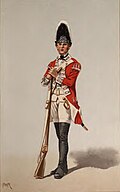 Grenadier of the 40th Regiment of Foot in 1767. (The distinctive mitre-shaped cap worn in grenadier companies allowed grenades to be thrown overarm.)