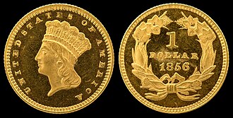 Obverse and reverse of a 1856 Type 3 Indian-head gold dollar