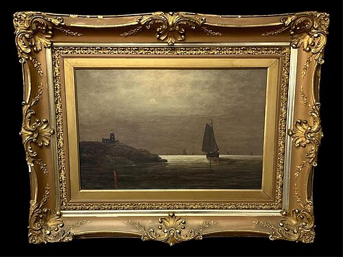 Spectacular painting of boats in harbor on a dreary night