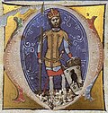Előd, one of the seven chieftains of the Hungarians relies on a Turul shield (Chronicon Pictum, 1358)
