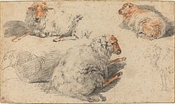 Nicolaes Pieterszoon Berchem (1620–1683), Sheep, black and red chalk (possibly crayon)