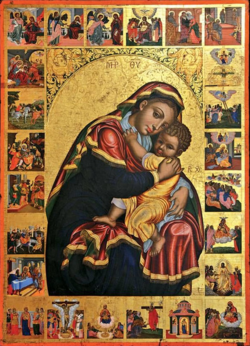 Virgin Glykofilousa with the Akathist Hymn by Stephanos Tzangarolas, 1700