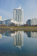 View from the southwest with reflection in the New Danube