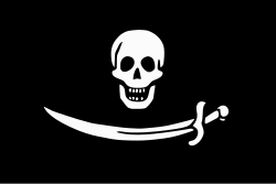 Interpretation of Bartholomew Roberts' Jolly Roger as described by an eyewitness in the Boston Gazette, 22 August 1720: “a Black Flag with Death's head and a cutlass in it”.