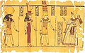 Ramesses III talking with the Theban Triad: Amun, Mut and Khonsu. The 'Great Harris Papyrus' at the British Museum, c. 1150 BC. Image taken from the book The Search for Ancient Egypt (p. 91) by Jean Vercoutter. In the text, Rameses III addressing to god Amun, I say the meritories adorations, the respectful homage and meritorous acts which I have performed to thee in presence, O king the gods!