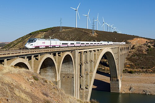 Two RENFE class 730 Dual-mode Patitocrossing the Viaducto Martin Gil near Zamora, Spain.