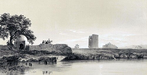 A 1840 depiction of the 12th-century Seljuk-era Tughrul Tower of Ray by French orientalist Eugène Flandin.
