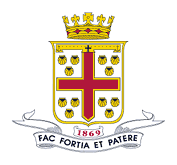 The College crest incorporates a cross and four groups of scallop shells. A scallop shell, associated with the apostle James, is a mark of pilgrimage or crusade. The coronet and the horizontal label at the top of the shield, with its two anchors, are found in the coat of arms of Prince Alfred, the second son of Queen Victoria. The date '1869' is the school's foundation year.