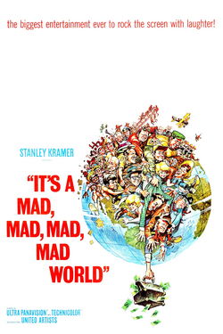 In a white background, a crowd of 100 people behind the earth are chasing a man who is holding a bag of cash, with the film's title in red. The film's top tagline above reads: "the biggest entertainment ever to rock the screen with laughter".