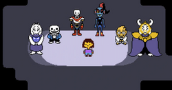 Pixel art video game. Seven monsters of differing colors and proportions form a semicircle around Frisk, a human.