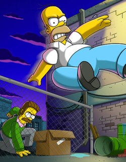 A man wearing a white shirt is being chased by a man with brown hair wearing a green sweater.