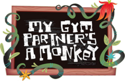 The words "My Gym Partner's a Monkey" written on a chalkboard with plants and vines surrounding it.