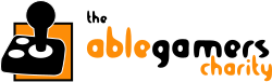 An orange square overlayed with a black and white illustration of a joystick. To its right reads: "The AbleGamers Charity" in black lowercase text, with the words "Able" and "Gamers" in orange.
