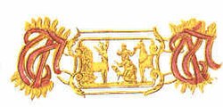 Three links from the collar of the Order; the intertwined initials of the motto, in trau vast (firm in fidelity) are intertwined and in alternating links, the relief image of Saint Hubert and the animals.