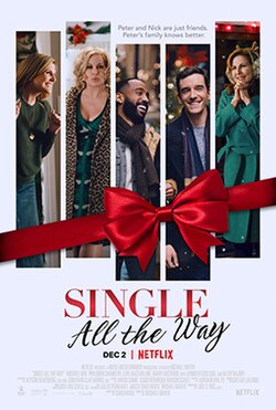 Poster depicting a red Christmas ribbon tied around images of the main characters