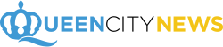The words "Queen City News", all touching and in all caps, in blue, black and yellow. The Q is a stylized crown.