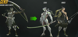 Image shows three characters. Genji, a cyborg-ninja is standing in the middle, while Hanzo, an archer, is standing next to him on the right. The first character on the left is the original concept of Hanzo, who was split into the two brothers.