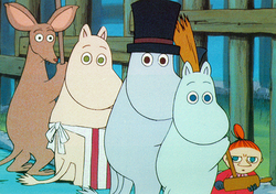 The Moomins, from the 1990 television series. From left to right, Sniff, Moominmamma, Moominpappa, Moomintroll (Moomin) and Little My.