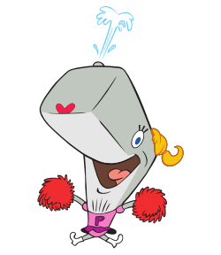 A grey excited cartoon whale with a red heart nose, a slash of water coming up from her blowhole, and a yellow ponytail on the back of her head wears a pink dress and holds red pom-poms.