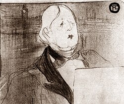 Drawing of head and torso of white man, clean-shaven, with longish light-coloured hair, holding a large menu or folio, in semi-profile