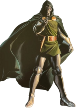 Doctor Doom stands gesturing in his armor, mask, and green hooded cloak