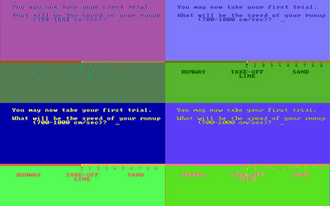 Microsoft Decathlon. Top: game in composite mode; bottom: game in RGB mode; left: with RGB monitor; right: with composite monitor.