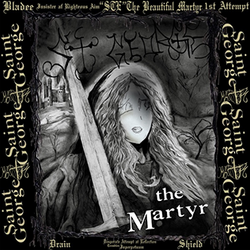 A black-and-white drawing of a figure holding a sword. The drawing is outlined by text