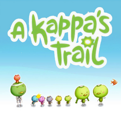 The game's logo, colored green with a white outline, is placed on top of a blue background that fades into white at the bottom. Below the logo, kappas of various sizes and colors can be seen, as well as other creatures.