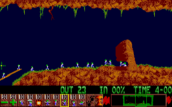 Lemmings building a bridge over a chasm and excavating a tunnel through a rock formation.