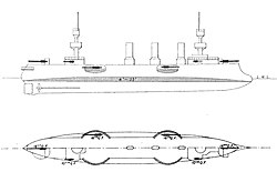Simple sketch of a ship with a bulbous bow, two large masts, three smoke stacks, and four elliptical sponsons projecting from the sides of the vessel to carry the guns.
