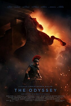Film poster showing Odysseus (Matt Damon) standing in a battle position, with the Trojan Horse behind him, engulfed in ash and smoke.