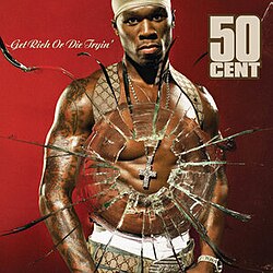 A shirtless 50 Cent wearing a cross necklace against a red background, when a broken glass effect radiating from the necklace. On the top left is the album name and the top right "50 CENT".