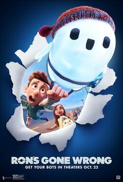 A small white pill-shaped robot, wearing a beanie and a fanny pack, bursts a hole through a plain blue wallpaper; a boy hangs onto the latch of the fanny pack. Through the hole, the background depicts a suburban area featuring four kids and their respective personalised robots watching in awe.
