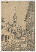 A ruined street in Landres, 1916; postcard drawing by a German soldier.  As can be seen in the lede photograph, the church appears to be the only surviving structure from this scene.