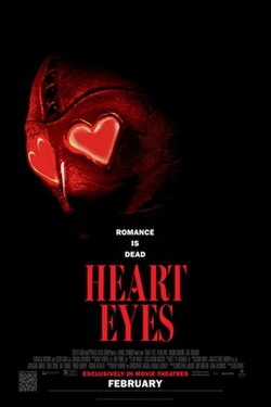 A masked killer with glowing red heart shaped eyes on a dark background