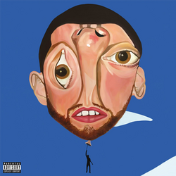 A painted picture of a blue sky. A silhouette of a person hangs onto a large balloon of Mac Miller's head. Some of Miller's facial features are distorted, such as his left ear and nose being upside-down and his eye turned sideways.