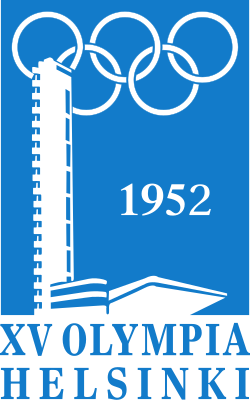 A solid blue background is intruded on its left side by a structure, shaded in white, representing the tower and stand of the Helsinki Olympic Stadium. The Olympic rings, also white, lie at the top of the blue background, partly obscured by the stadium's tower. The word "1952" is written in white in the middle of the blue background, while "XV Olympia Helsinki" is written in blue, beneath the image.