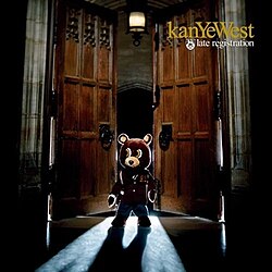 The Dropout Bear wearing a school uniform and backpack, looking to the left in front of open doors. The entire cover is mostly in darkness, except for a bright light behind the Dropout Bear, which creates a shadow on the ground.