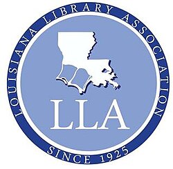 State of Louisiana with a book inside it, the name of the org and the date it was founded 1925, in a vaguely blue color